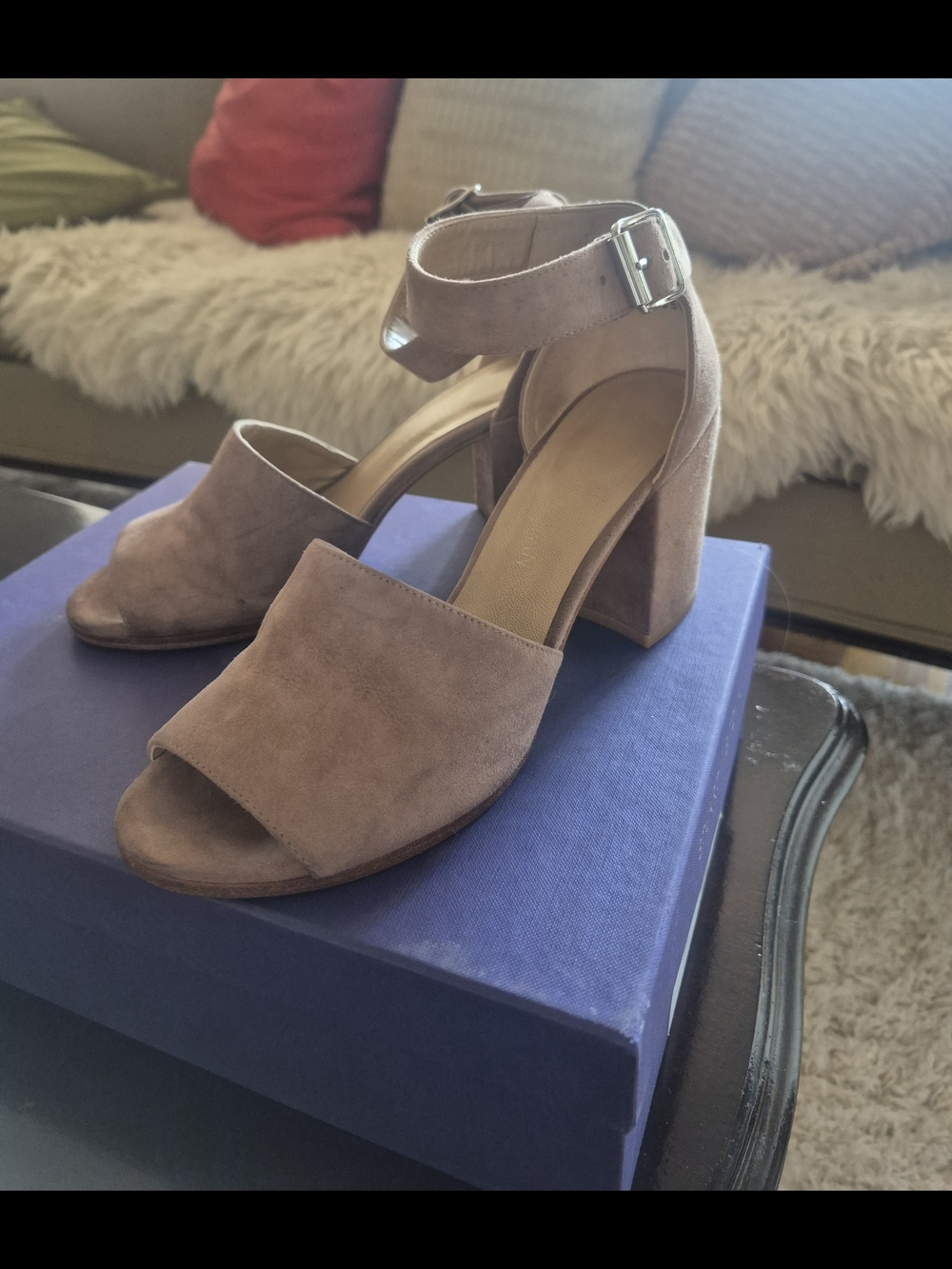 Stuart Weitzman Taupe Suede Open-Toe Block Heels with Ankle Strap
